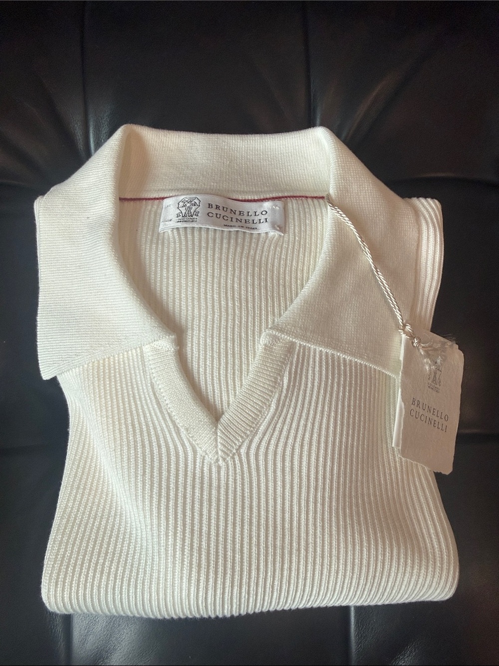 Brunello Cucinelli Men’s Cream V‑Neck Ribbed Sweater